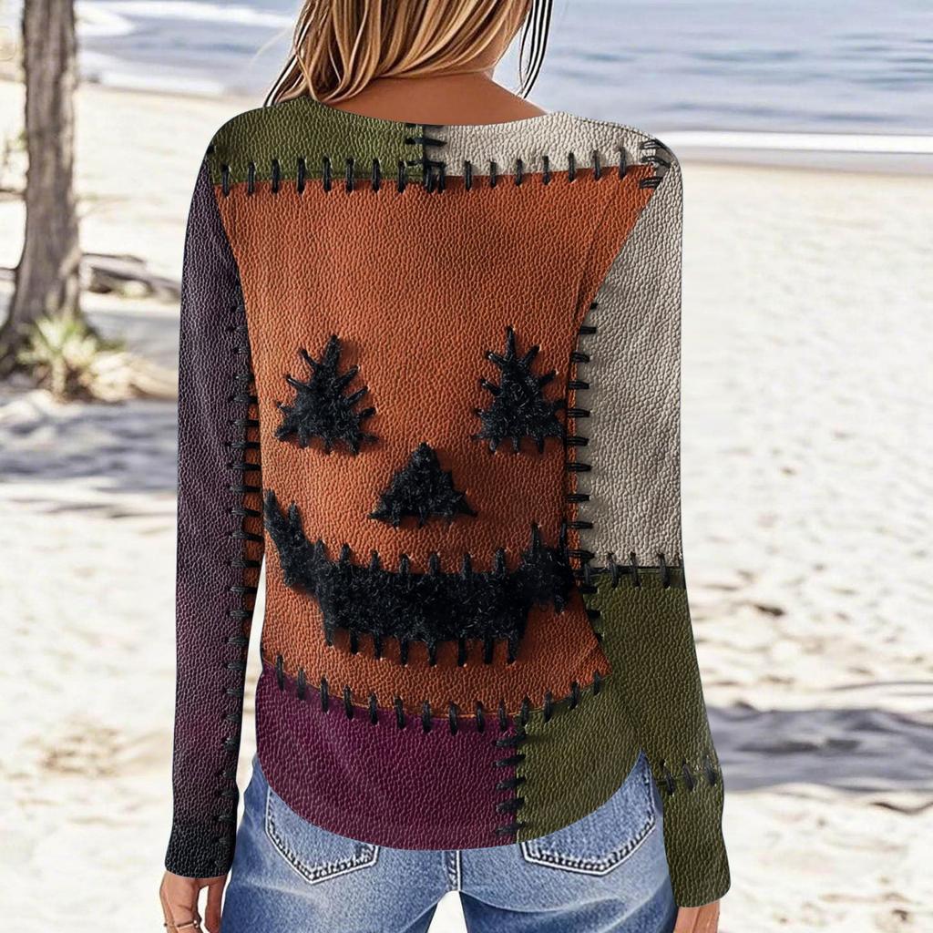 Women's Halloween Long Sleeve Printed Crewneck T-Shirt, Casual Fall Top