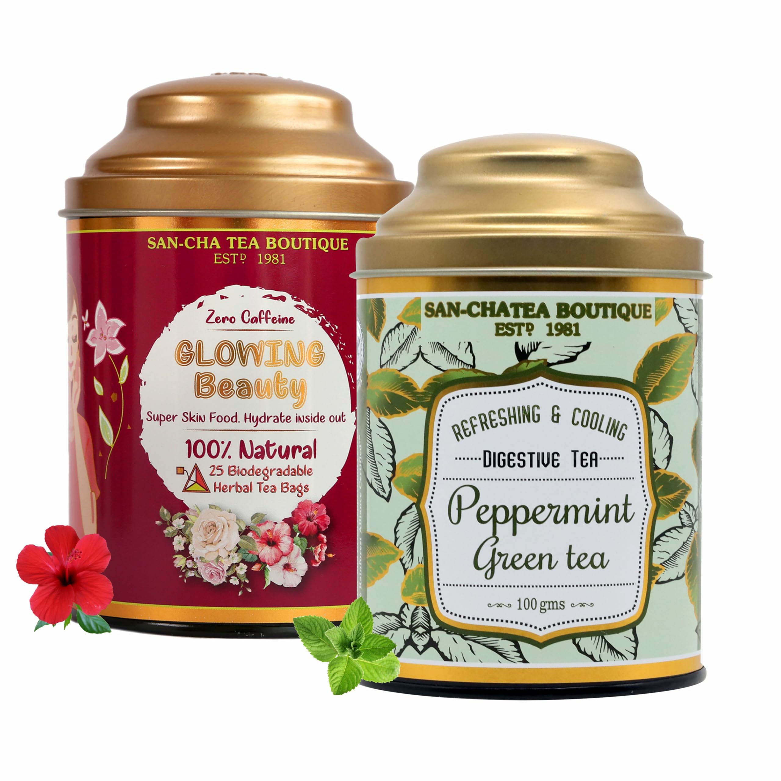 Sancha Tea Boutique, Glowing Beauty Tea, Caffeine Free Herbal Tisane (25 Pyramid Bags) & Peppermint Green Teas (100g), Mint for PCOS & PCOD