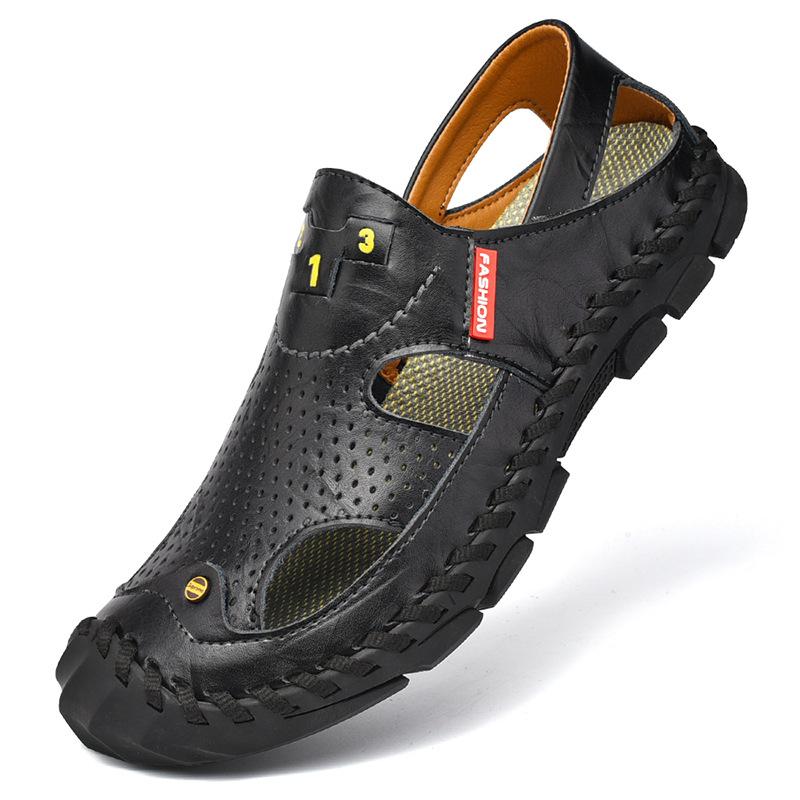 

Летние мужские сандалии из воловьей кожи с закрытым носком, летние кожаные сандалии для вождения из натуральной кожи, нескользящая пляжная обувь с мягкой подошвой 44 чёрный