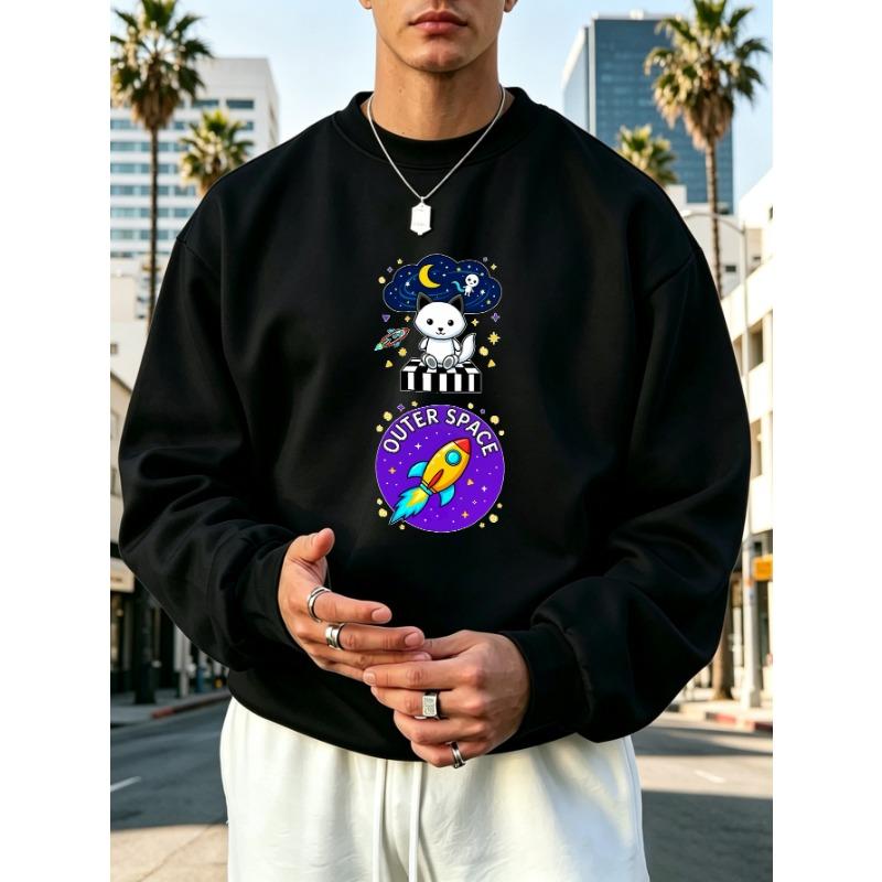 Men's Graphic Print Crew Neck Sweatshirt With Cartoon Cat Astronaut Rocket Christmas Halloween, Loose Fit Streetwear.