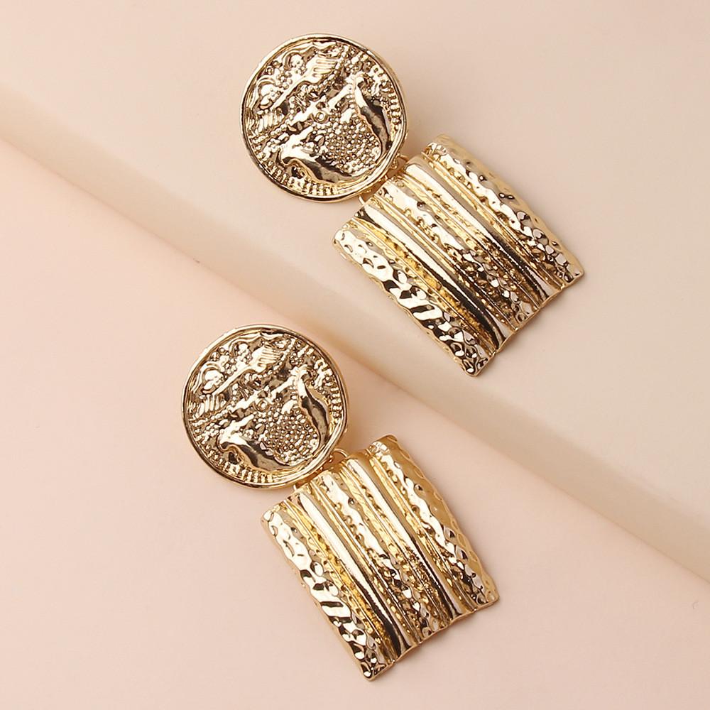 Contemporary Geometric Gold Metal Earrings With Relief Design For Collectors