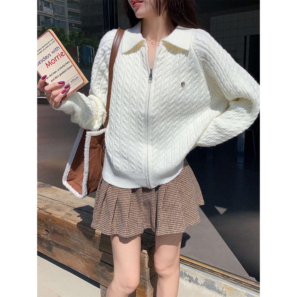 Vintage olo lapel twist zipper sweater cardigan women's autumn and winter college style long-sleeved top jacket