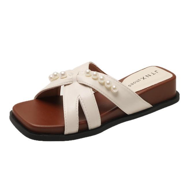 Beaded Slope Heel Cool Slippers Women's 2025 New Summer Wear Beautiful Sandals Comfortable with Skirt Vacation Beach Slippers