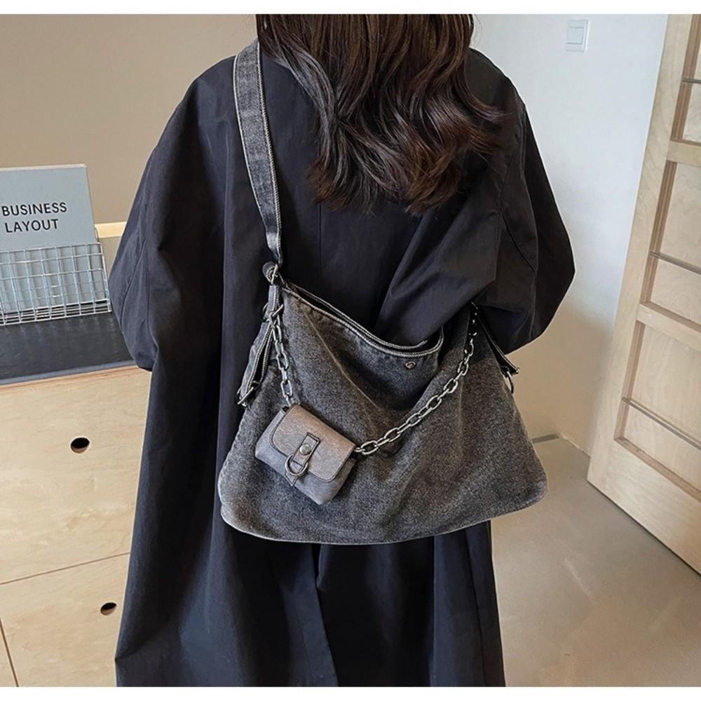 With Small Bag Denim Shoulder Bag Korean Style Retro Women's Chain Crossbody Bag Versatile Cross Body Handheld Tote Bag Work