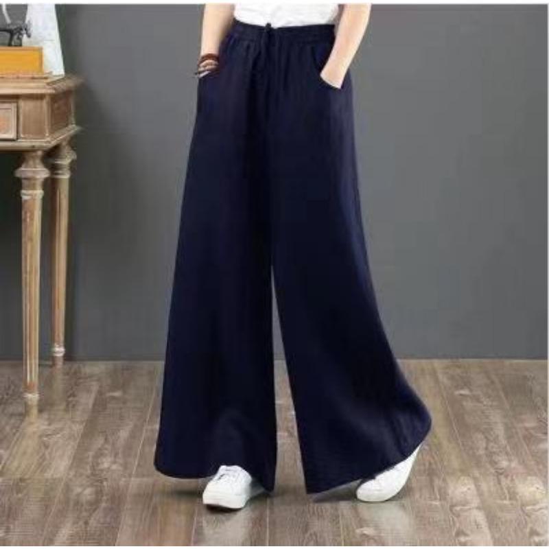 Casual Cotton and Line Plus Size Women Wide Leg Pants Korean Fashion Spring Summer Loose High Waist Pants Ladies Solid Color Elegant Trousers 1097