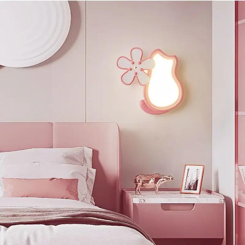 Children's Room Girl Bedroom Cat Wall Lamps White Pink Flower Lamp Cute Warm Baby Room Nursery Princess Room Bedside Wall Lights