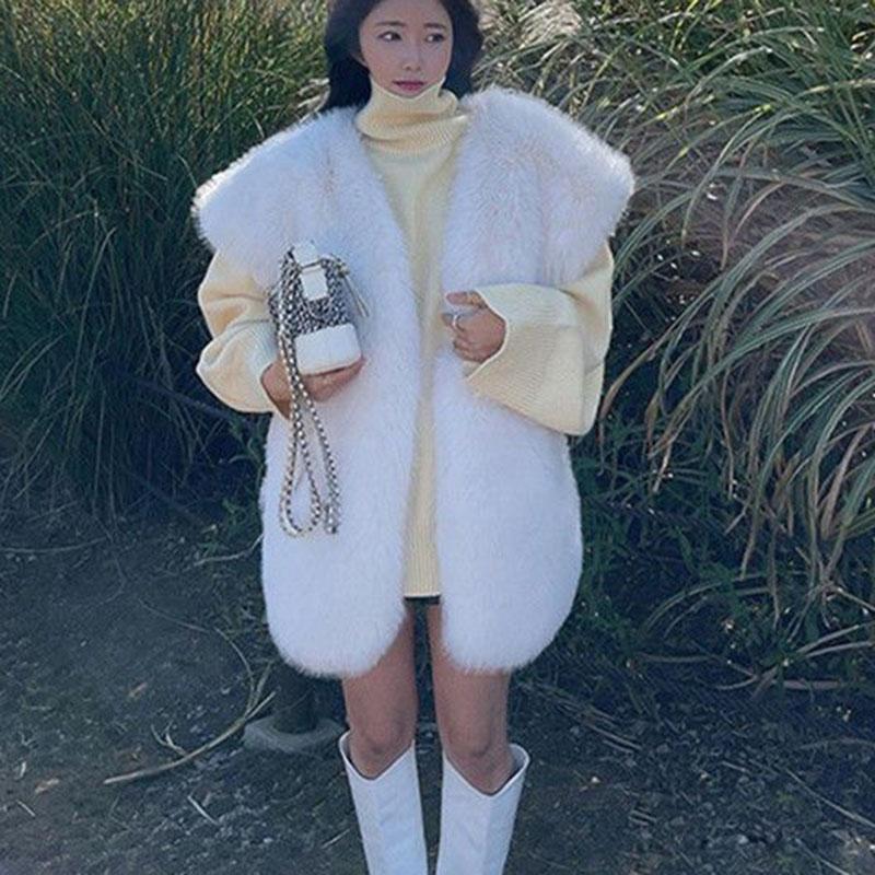 High-quality V Neck Fake Fur Vest Thickened Autumn Winter Plush Waistcoat Mid Length Sleeveless Furry Tanks Cardigan Tops Sleeveless Jackets Female