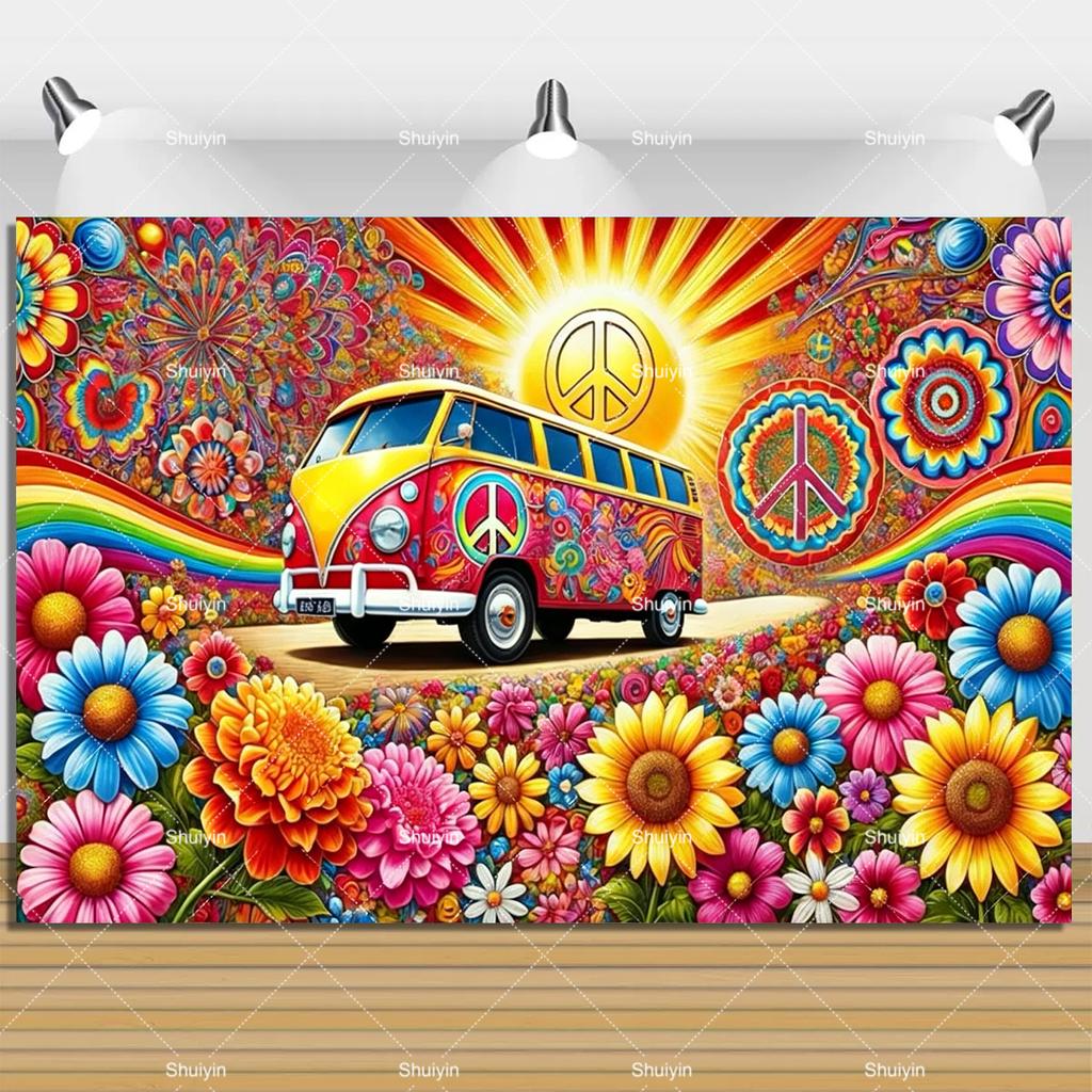 Colorful Peace Love Retro Hippie Bus Dyed Backdrop Kids Birthday Party Decorations Bohemian Style Guitar Floral Photography Prop