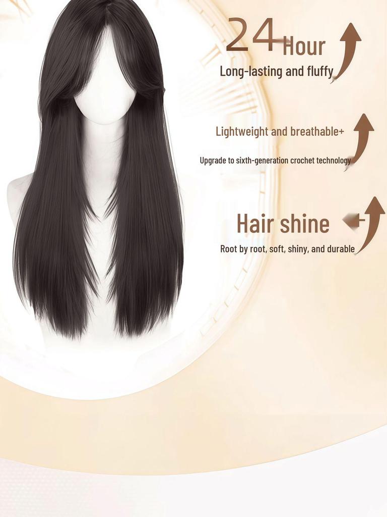 Natural Black Long Straight Hand-Woven Lace Wig Cap - Realistic Invisible Hairpiece for Daily Wear