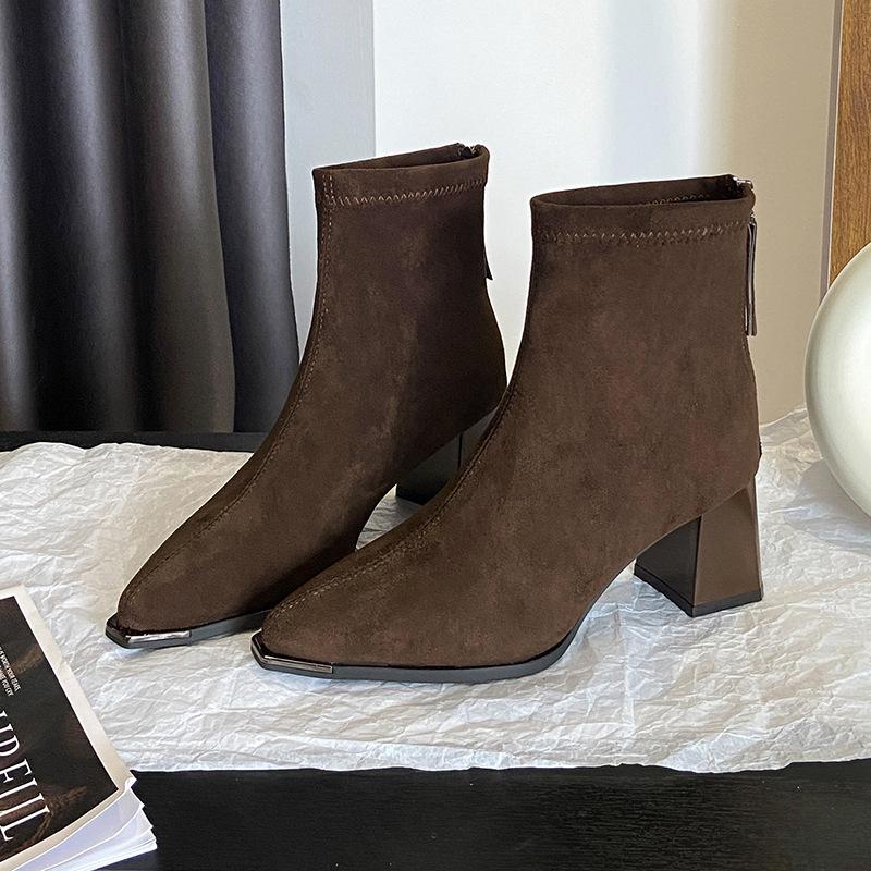 French High-heeled Ankle Boots for Women  New Autumn and Winter Pointed Square Heel Fashion Short Boots