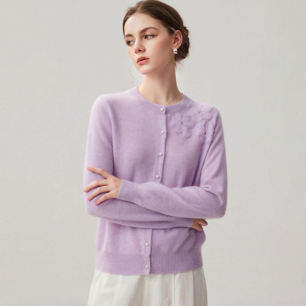 Women's Cashmere Cardigan: 3D Pearl Lace Flowers, Round Neck, Long Sleeve Knitwear for Autumn/Winter.