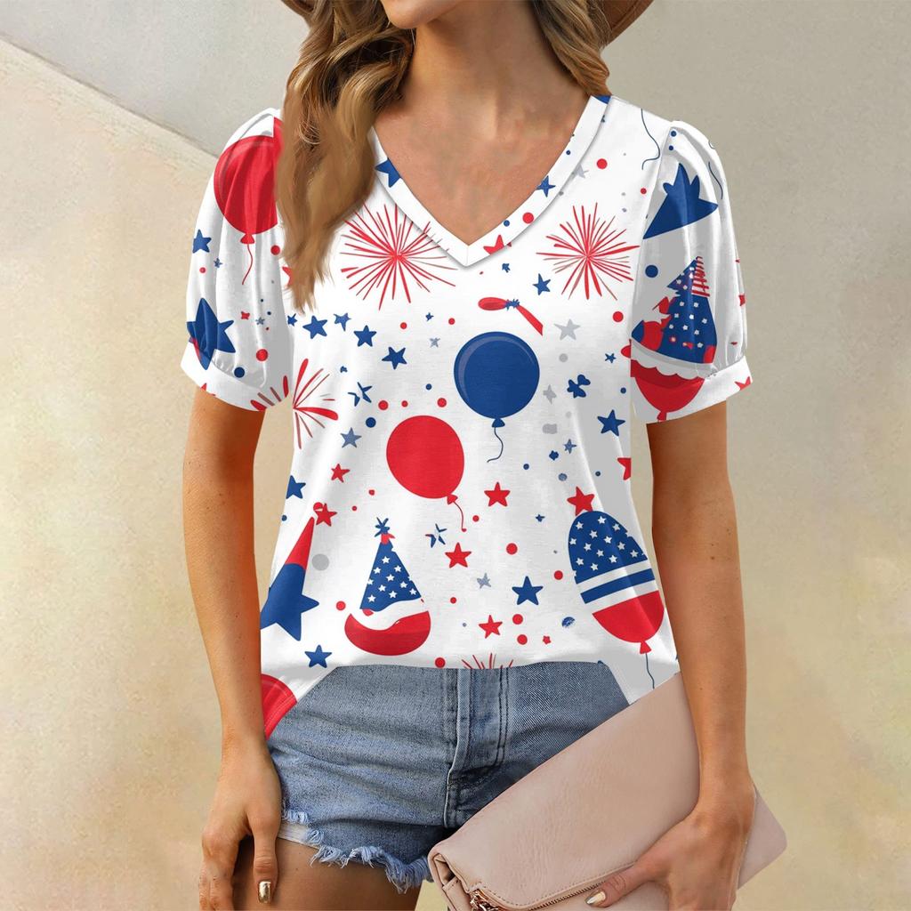 Women's Fashion Independence Day Print Top Puff Short Sleeve V-neck T-shirt Loose Casual T-shirt