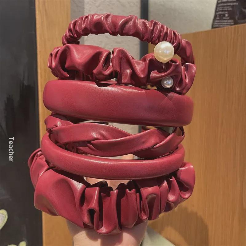 Ankola Red Leather High Skull Headband - Korean Retro Autumn/Winter Ladies' Hair Accessory
