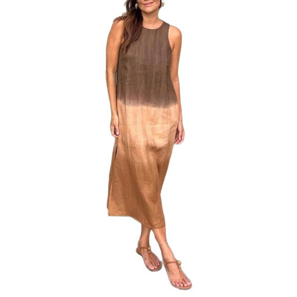 Summer Gradient Casual Cotton Linen Sleeveless Slit Dress for Women, European American Style Ladies Sundress
