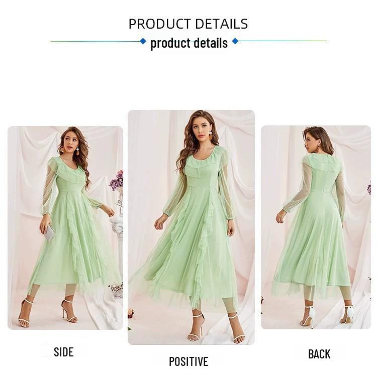 2025 Spring/Summer Women's Fashion A-line Dress with Net Yarn, Round Neck, Mid-waist - Europe, America, Middle East Collection