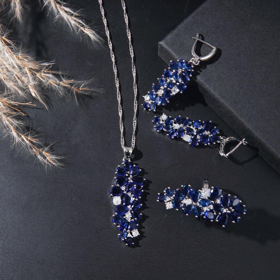 Luxury Retro Blue Zirconia Wedding Jewelry Set With Earrings, Bracelet, Ring And Necklace Pendant Sets, Elegant Party Gifts