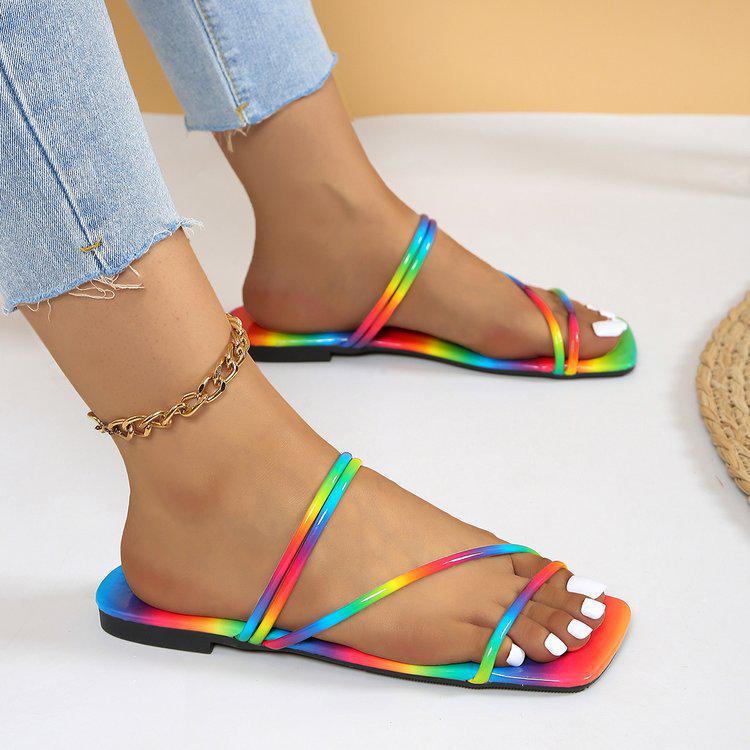 Colorful Plus Size 43 Women's Summer 2024 Shiny Flat Rainbow Slippers