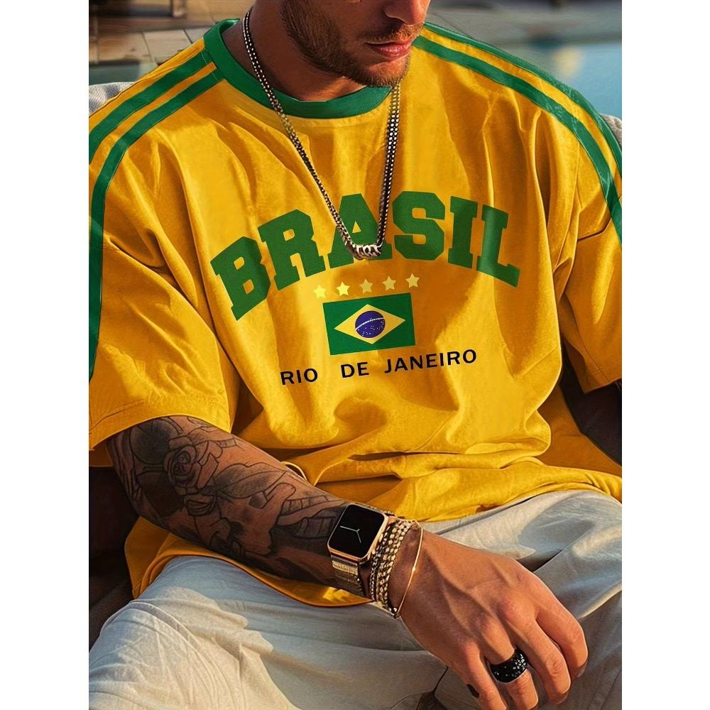 

2025 Літо Нова П ятизіркова Футболка з Бразильським Принтом Для Чоловіків З Коротким Рукавом Круглий Виріз Футболки Вінтажний Повсякденний Спортивний Сітчастий Джерсі Оверсайз Топи S