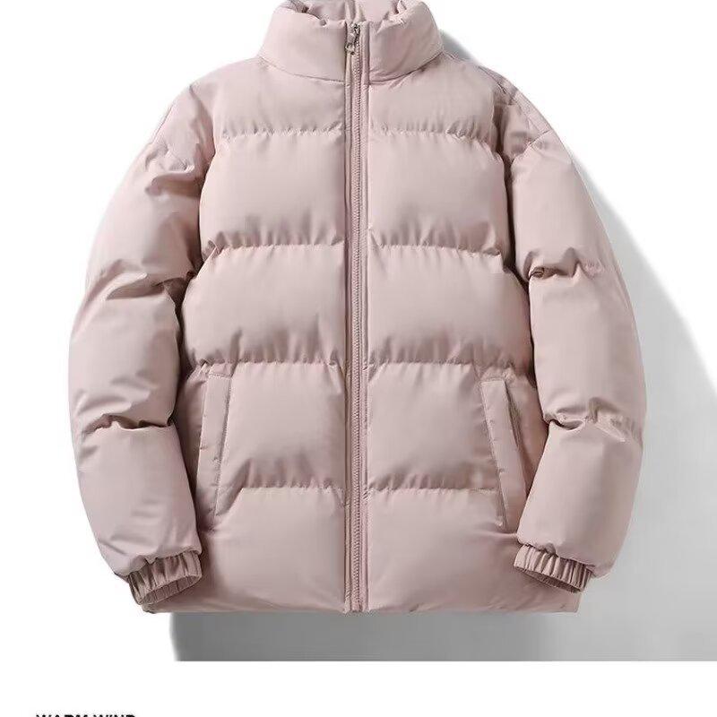 Unisex Solid Color Stand Collar Cotton Puffer Jacket - American Style, Loose, Warm, Trendy Autumn/Winter Coat