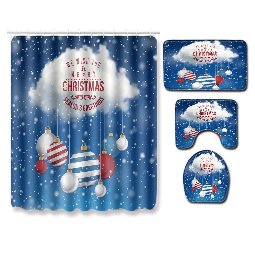 Christmas Shower Curtain Floor Mat Combination Four-Piece Set Bathroom Toilet Carpet Shower Room Mat Foot Mat
