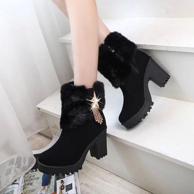 Chunky Heel Furry Platform Ankle Boots - Women's Velvet Martin Boots for Autumn/Winter