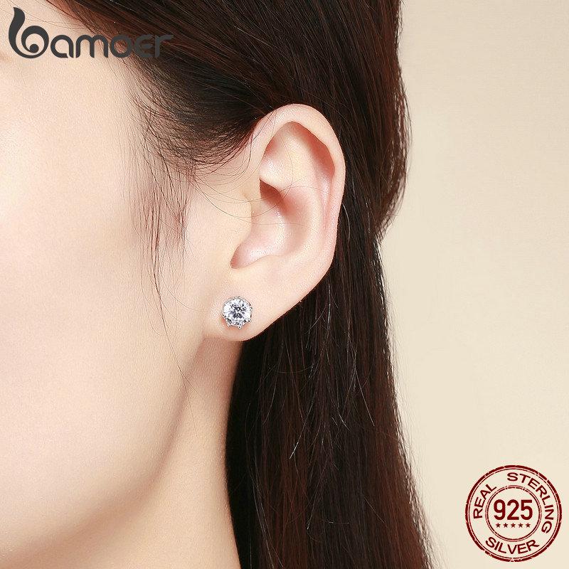 Bamoer Authentic 925 Sterling Silver Classic Clear Cubic Zircon Small Stud Earrings