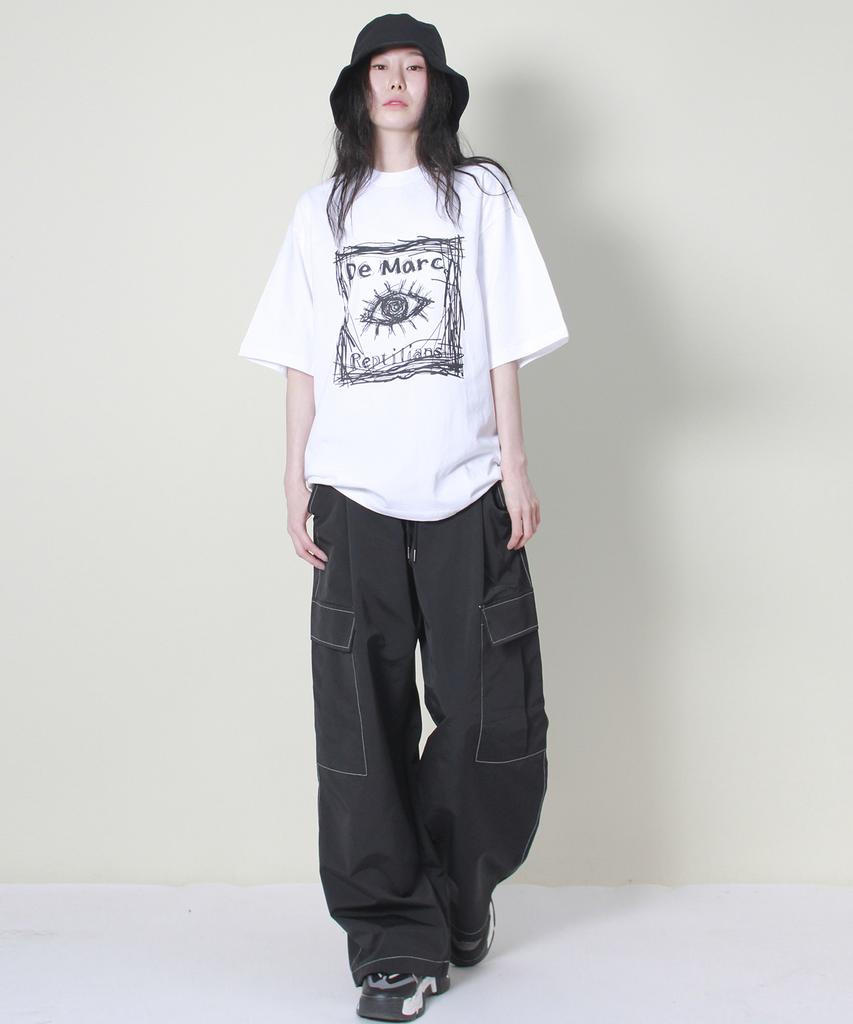 Deumakeu Real Street Wide Contrast Stitch Cargo Track Pants Black
