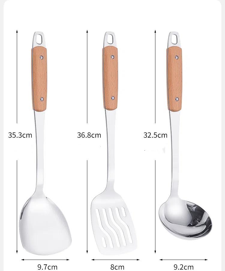 Pogrubiona Stal Nierdzewna Uchwyt Bukowy Łopatka do Gotowania Zestaw Przyborów Kuchennych Domowa Łyżka do Congee, Duża Łyżka z Otworami, Łyżka do Gotowania