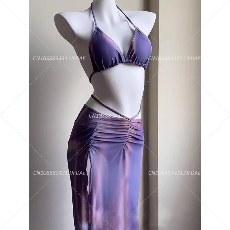 4Pcs Purple Long Dress Bikini Sexy Swimsuit for Women Soaking In Hot Springs New Sunscreen Cover for Beach Vacation