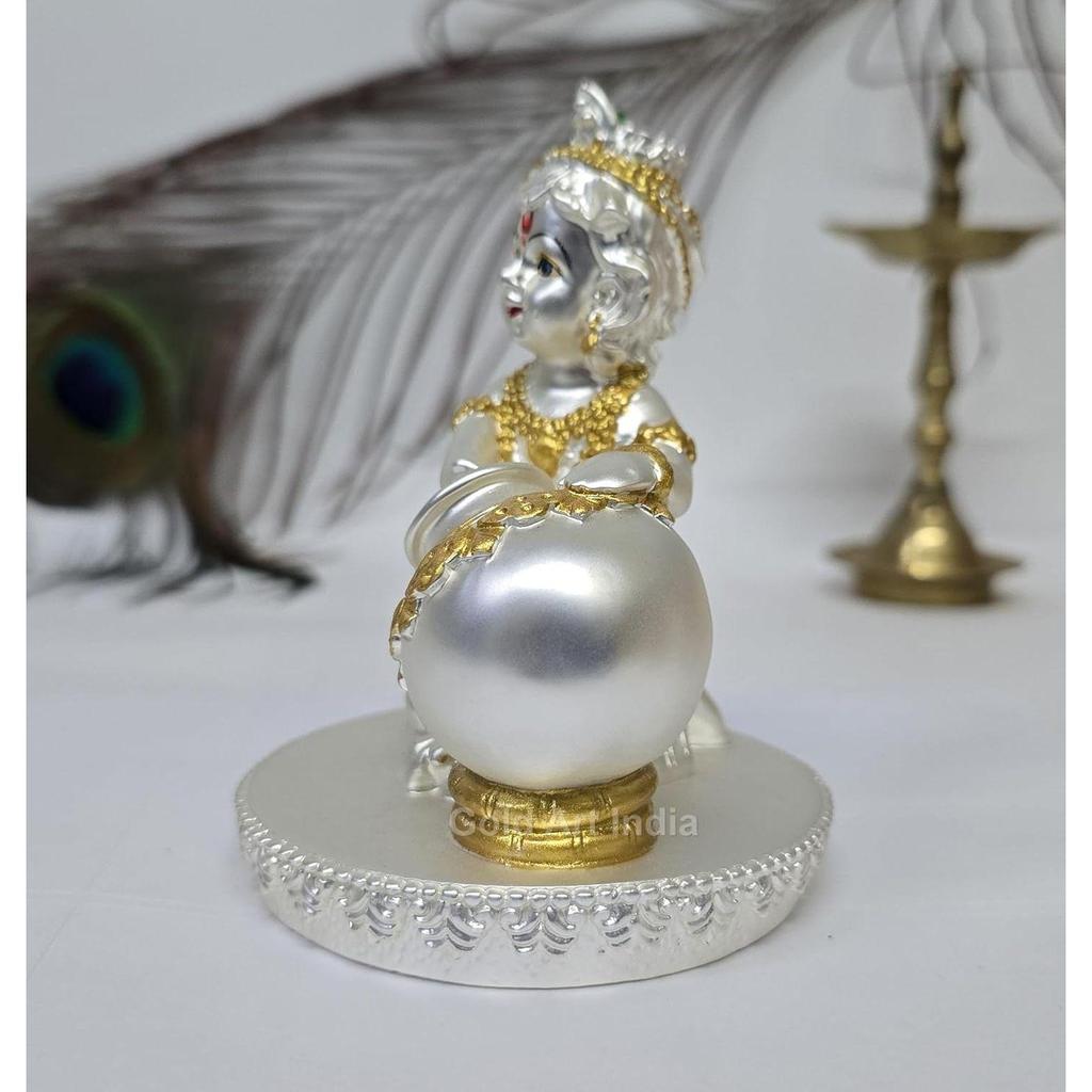 Makhan Krishna Silver Plated Matte Finish Idol | Home Decor | Makhan Chor Idol | Laddu Gopal for Gifting | Krishna Statue