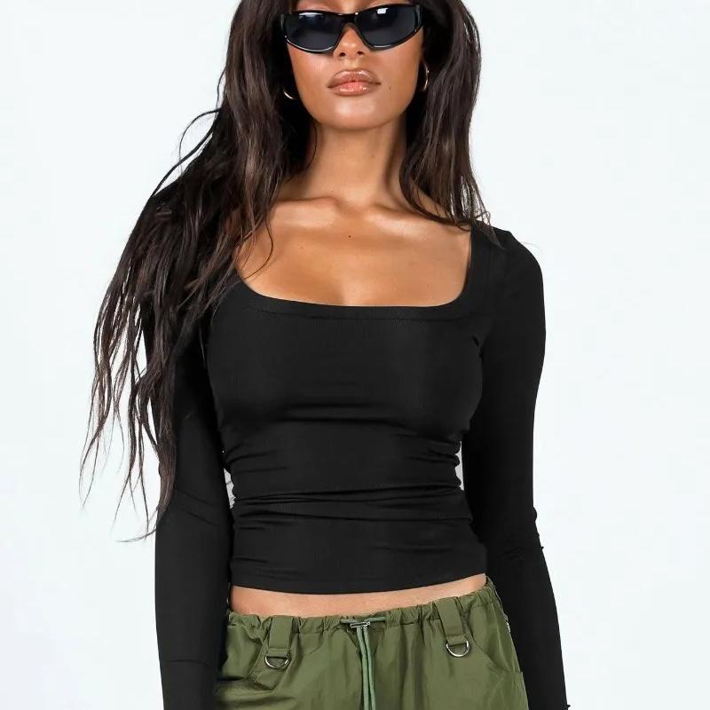 

Сексуальная женская футболка с длинным рукавом и U-образным вырезом, облегающие вязаные короткие топы с резьбой Y2K, однотонные повседневные простые футболки 30629 L чёрный