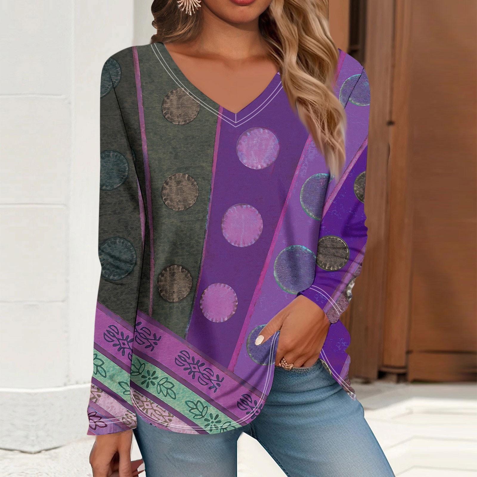 

Женские топы, модные ретро-принты, рубашки с длинным рукавом и V-образным вырезом, легкие толстовки, базовые блузки 8XL