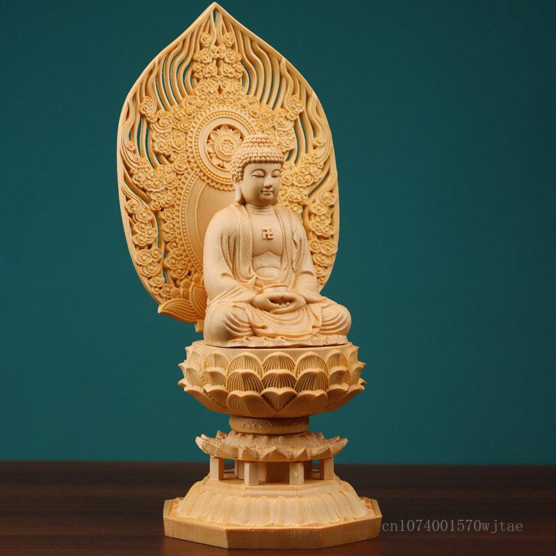 Shakyamuni Buddha Statue for Home and Office Decor, Wood Hand Carving Crafts, Sitting Lotus Sculpture, Fengshui Decoration, 1Pc