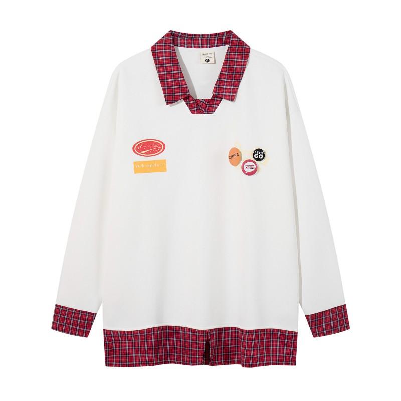 American Vintage Plaid Patchwork Fake Two-Piece Polo Sweatshirt Loose Fit Couple Top Men Women