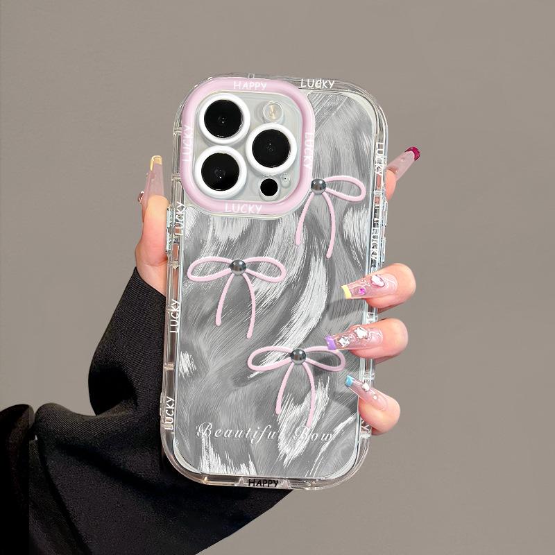 Pink Bow Suitable for Apple 16promax Mobile Phone Case Iphone15plus Feather Cream 14 13
