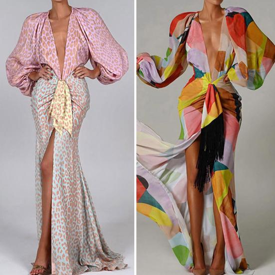 

Женское платье для выпускного вечера Глубокий V-образный вырез Узкая высокая талия Длинные рукава-фонарики Цветные блоки Красочные длинные кисточки Большой подол Полная длина Леди Вечернее бальное платье макси