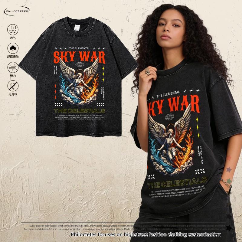 Mens Oversized Washed Cotton Tee With Vintage Dark Angel Print Loose Fit Short Sleeve T-Shirt
