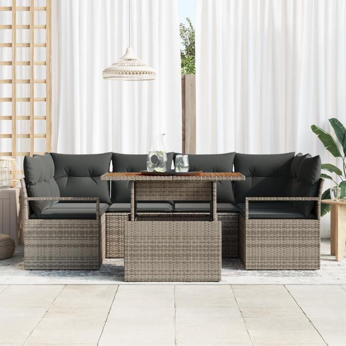 Ensemble de Sofa de Jardin 7 pièces vidaXL avec Coussins Gris Poly Rattan Acacia, Canapé de Jardin 2 places vidaXL avec 3349663