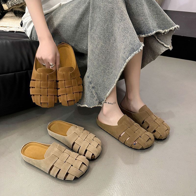One-pedal Soft-soled Bag Head Slippers Women's Summer Wear 2025 New Hollow Retro Woven Lazy Flat Slippers