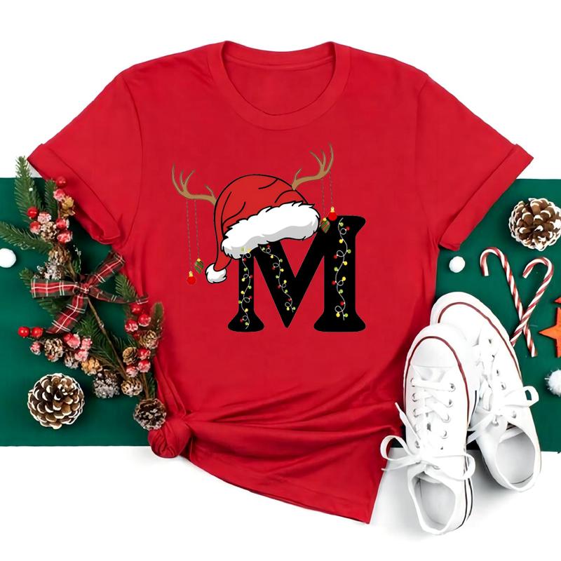 New 26 AZ Christmas Alphabet T Shirt Women Casual Fashion Tshirt Short Sleeve Christmas Party Aesthetics fashion Clothing