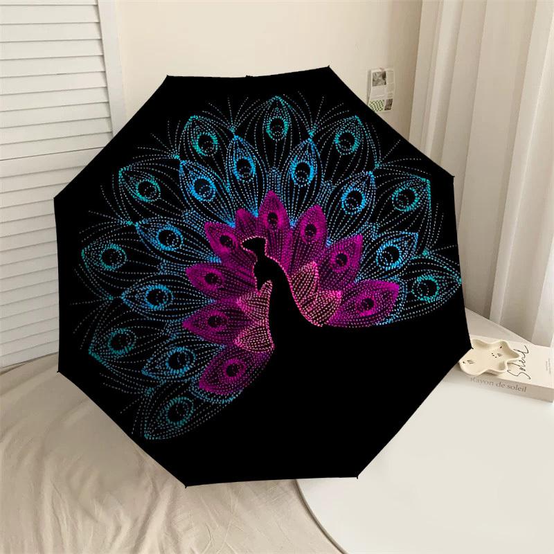1pc Peacock Feather Automatic Folding Umbrella 8 Rib Iron Frame,  Suitable for Travel, Daily Use, Birthday, Women & Men Gift