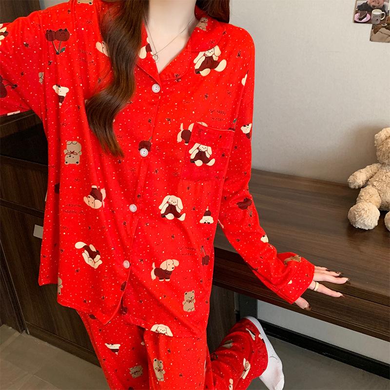 Neuer roter Cartoon-Welpen-Pyjama für Damen, Frühling, neu, Baumwollimitat, festliche Loungewear für das Geburtsjahr, langärmeliges Set