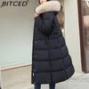 BITCED Winter Down-Filled Cotton Coat for Women - Long Style, Knee-Length, Oversized Fur Collar, Slim-Fit, Belted Design, Cotton