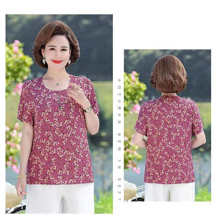 Dámské krátkorukávové s velkým potiskem Ledové hedvábí Krátkorukávové Volné Velké Velikosti Top Trhané Květiny Sto Triček