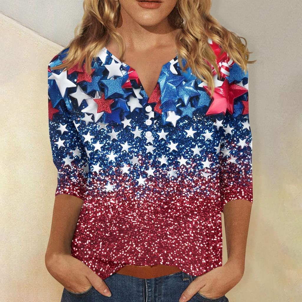Women's T Shirt Independence Day Print Button 3/4 Sleeve Daily Weekend Fashion Basic V- Neck Regular Top