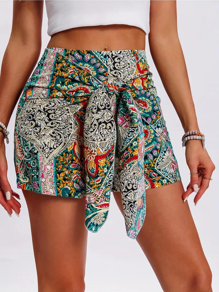 Printed High-waisted Short Pants with Bohemian Style Front Tie Shorts