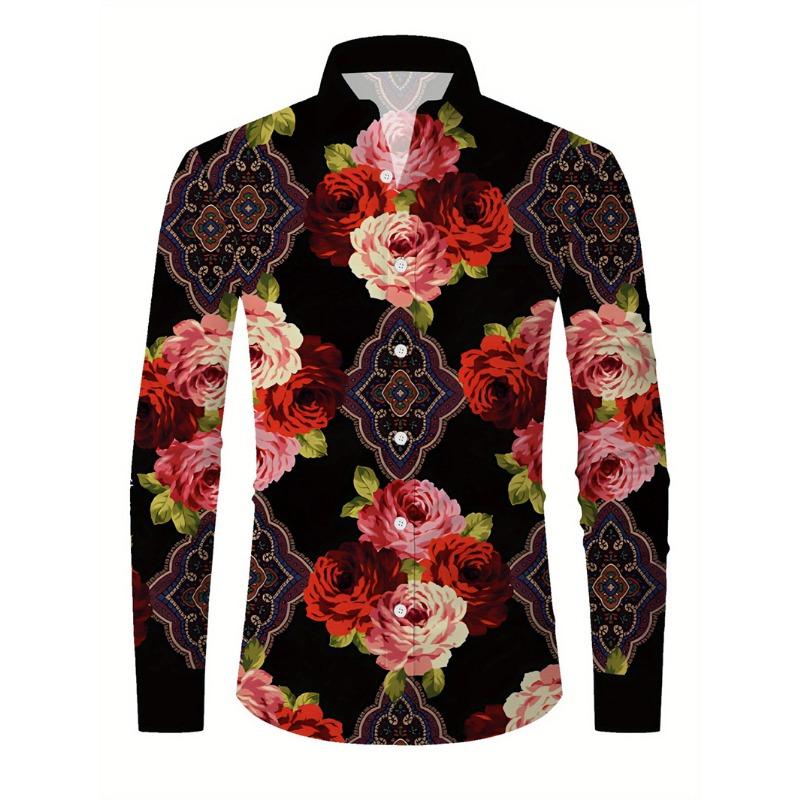 Poker Square Pattern Men's Shirt Red Peach 3D Printed Shirt Casual Loose Aloha Shirt Long Sleeve Collar Top