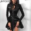 Fashion Women Lace Long Sleeve Zipper Big Hem Faux Leather Mini Dress