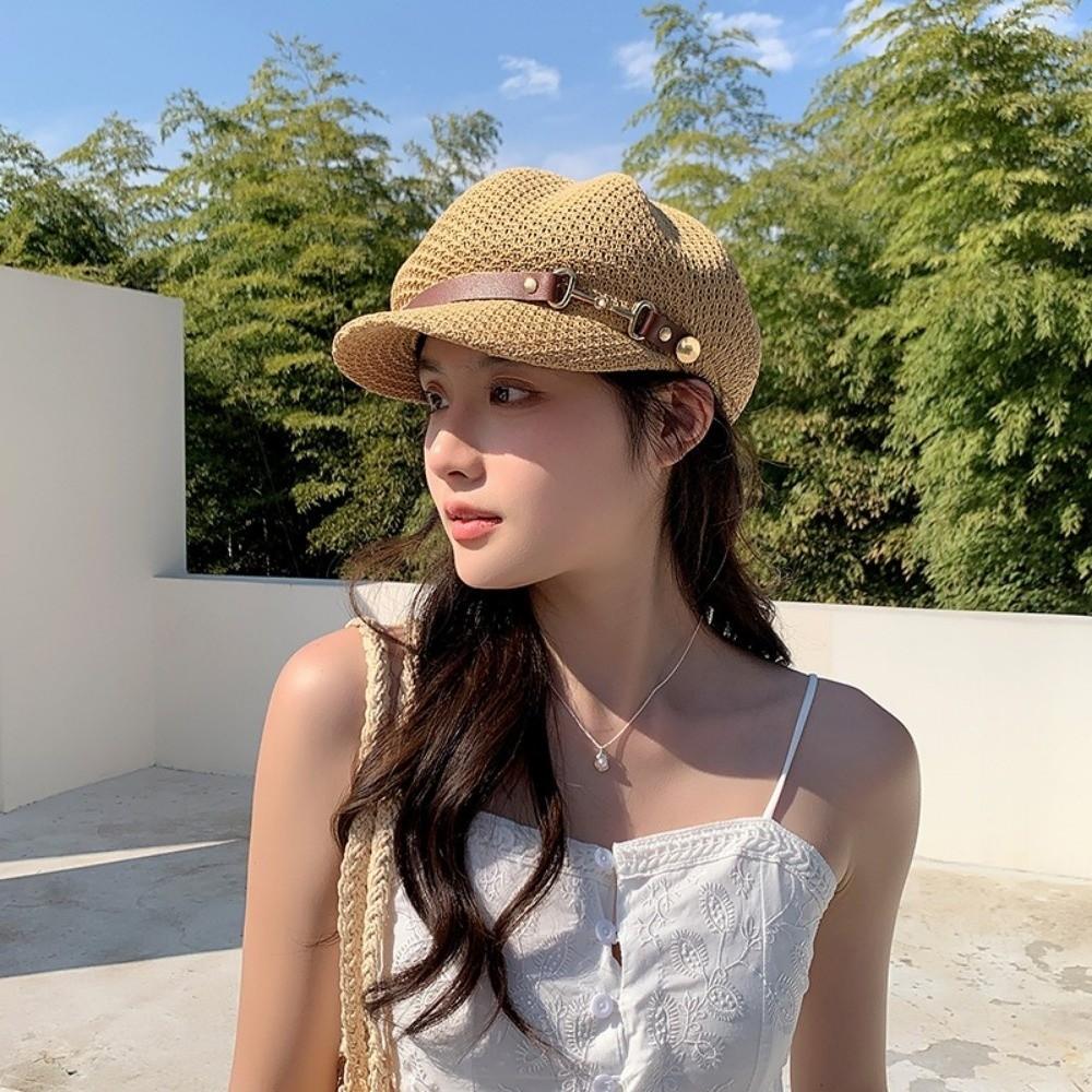 Casual Hollow Octagonal Beret Hat Breathable Spring Summer Beach Straw Hat Leather Buckle Painter Hat Sunshade Cap