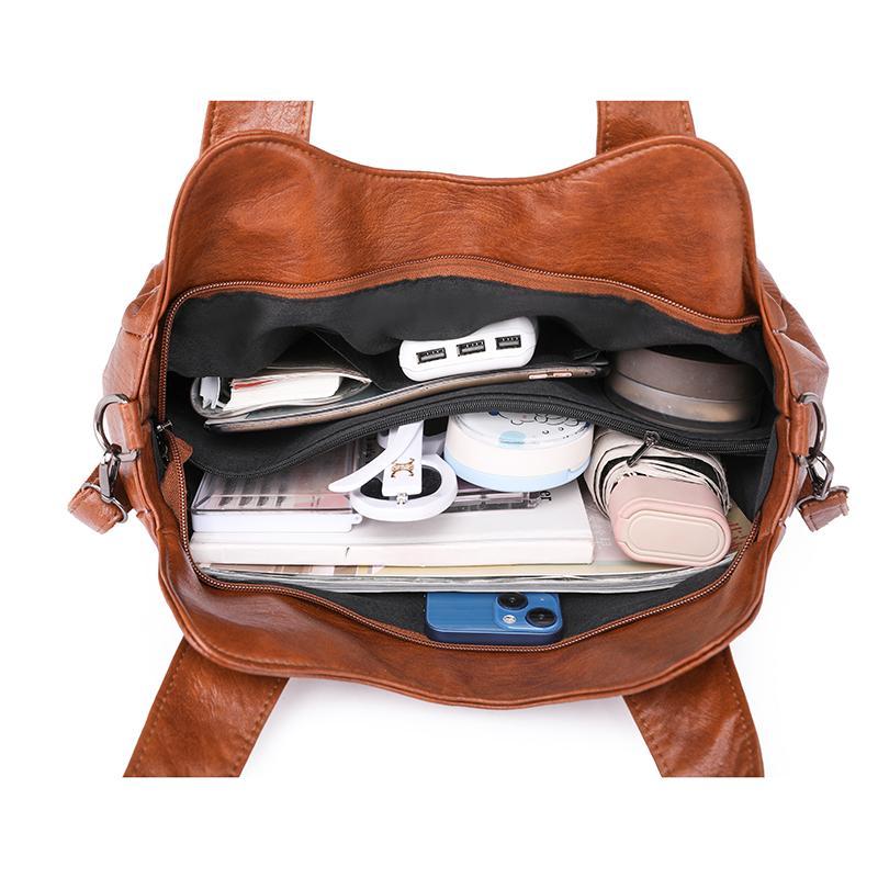 Women'S Elegant Solid Color PU Leather Shoulder Bag With Zipper Closure Polyester Lined Tote Versatile Handbag For Work